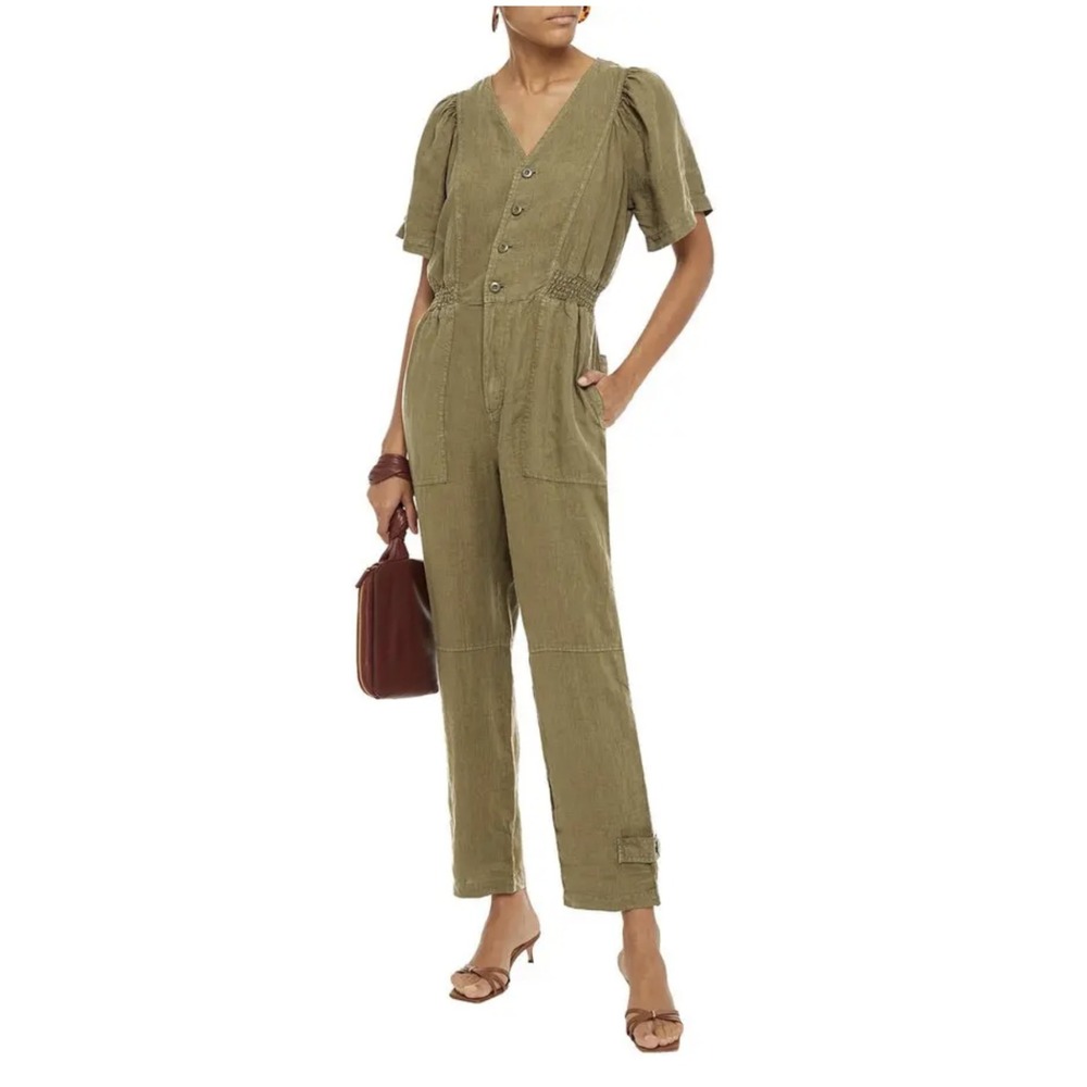 NWT $298 Joie Womens Bramwell Jumpsuit Size M Linen Smocked Waist Boho Green